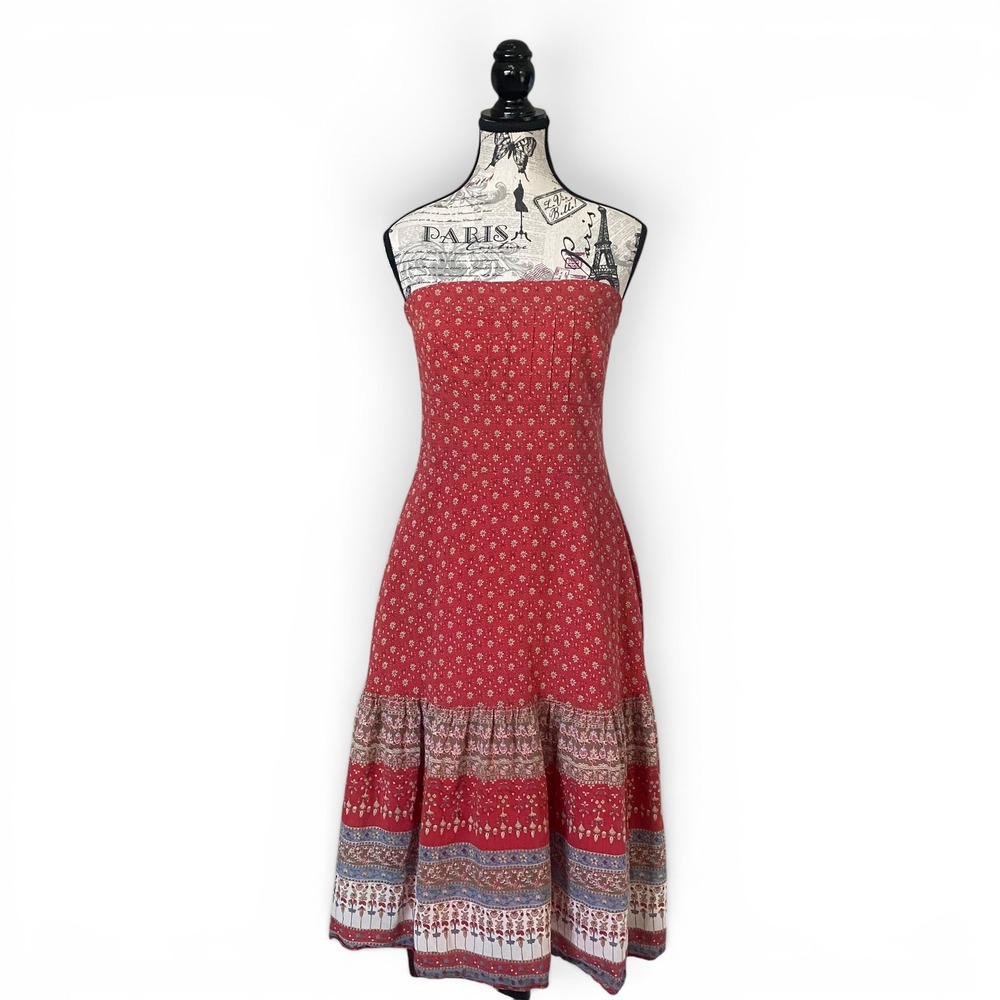 Banana Republic Strapless Midi Dress Womens 8 Red Silk Cotton Floral Boho Praire